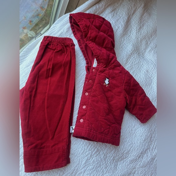 Vintage 90s baby 2 piece Red Quilted Corduroy Penguin Outfit : Jacket + Pants - Picture 7 of 16
